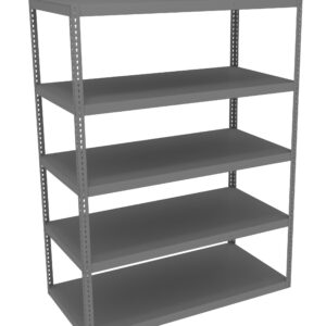 A gray metal shelving unit with five empty shelves, featuring a simple, industrial design. The shelf has perforated side supports and a solid, flat surface on each level, suitable for storage or organizational use.