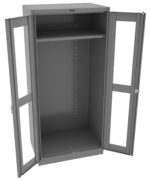A gray metal storage cabinet with glass doors open wide, revealing an empty interior. The cabinet has an adjustable-height shelf positioned near the top and ample space below. It stands on a smooth surface.