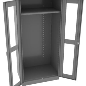 A gray metal storage cabinet with glass doors open wide, revealing an empty interior. The cabinet has an adjustable-height shelf positioned near the top and ample space below. It stands on a smooth surface.