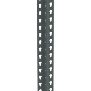 Tall metal post with a dark finish, featuring a central vertical seam and rows of small, evenly spaced triangular holes running along its length.