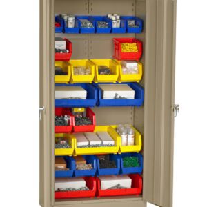 A metal storage cabinet with one door open, revealing shelves filled with colorful plastic bins. The bins contain various small items like screws, nails, and other hardware components organized neatly.