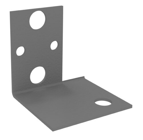 A gray metal L-bracket with multiple circular holes in different sizes. The bracket is positioned upright, with one arm horizontal and the other vertical.