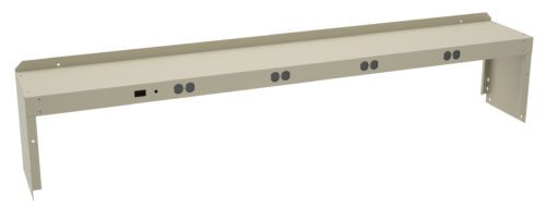 Tan metal power strip with multiple outlets and mounting brackets on either side.