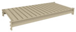 A beige, rectangular metal vent cover with parallel slats, viewed from an angle against a white background.