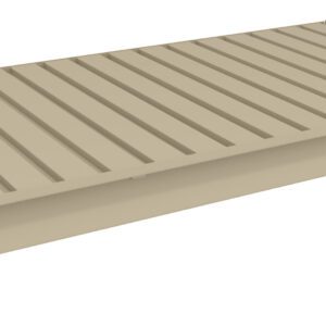 A beige, rectangular metal vent cover with parallel slats, viewed from an angle against a white background.