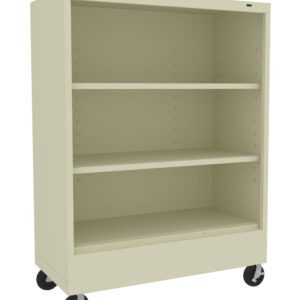 A beige, three-shelf metal storage cart with wheels is shown. The shelves are empty, and the cart has a sturdy, simplistic design suitable for office or home use.