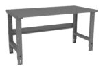 A grey, rectangular metal workbench with a flat surface and sturdy, adjustable legs. The design is simple and industrial, suitable for tasks in a workshop or garage setting.
