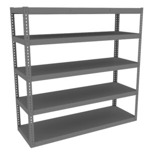 A gray, five-tier metal storage shelf unit with adjustable shelves. The shelving is set against a plain, white background, showcasing its industrial and utilitarian design, suitable for organizing various items.