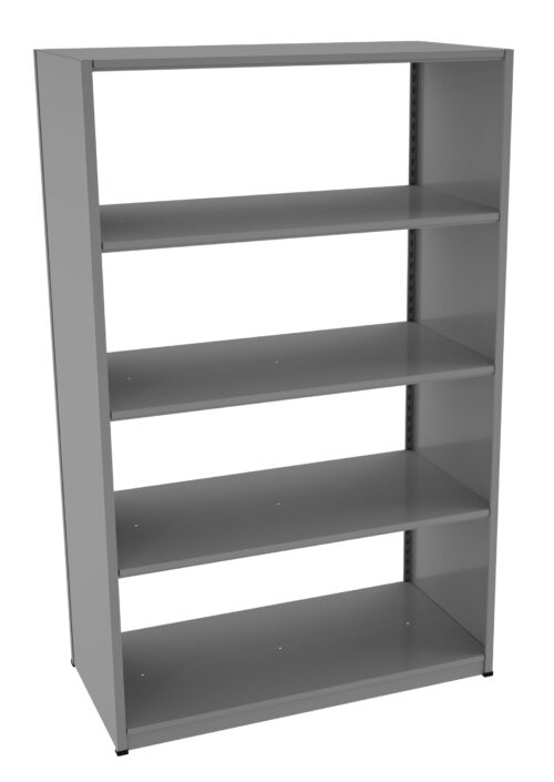 dbweblmvvhxi49exrgie.jpg A gray, five-shelf metal bookshelf with an open-back design. The shelves are evenly spaced and the structure appears sturdy, suitable for organizing books or storage items.
