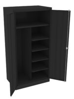 Tall black cabinet with two open doors revealing multiple adjustable shelves inside. The interior appears empty and ready for storage. The cabinet is set against a white background.