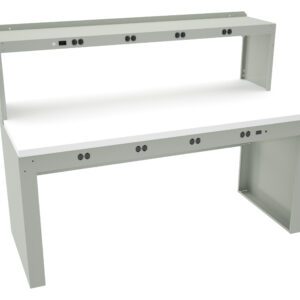 A light gray workbench with a white tabletop, featuring multiple power outlets on the front panel and a raised shelf above. The back and sides provide support and stability for the structure.