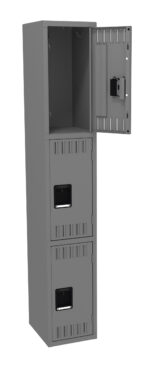 A tall, gray metal locker with three compartments. The top compartment is open, revealing an empty interior. The middle and bottom compartments are closed. Each compartment has a vented door and a rectangular handle.