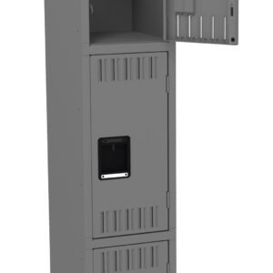 A tall, gray metal locker with three compartments. The top compartment is open, revealing an empty interior. The middle and bottom compartments are closed. Each compartment has a vented door and a rectangular handle.
