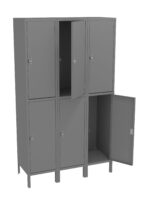 A set of six gray metal lockers. The lockers are organized in two rows of three. Two doors are open, showing empty interior spaces, while the rest remain closed.