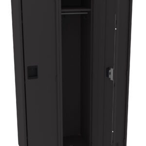 A black two-door metal locker with one door slightly ajar, revealing an empty interior with a hanging rod inside. The locker has vents on the doors and a handle on each side.