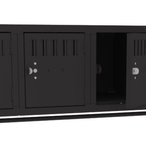 A row of four black lockers, with vented doors and handles. The second locker from the right is open, revealing an empty interior. The lockers are mounted on a horizontal frame.