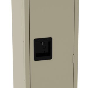 A tall, beige metal locker with a black handle and vented detailing at the top and bottom of the front door.