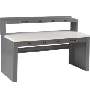 A gray and white two-tier metal desk with multiple electrical outlets and USB ports on both tiers. The desk has a sturdy rectangular frame and a spacious top surface for work or electronics.