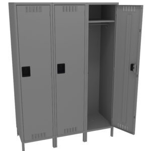 A gray metal locker unit with three compartments, standing on legs. The left two doors are closed, while the right door is open, revealing an empty interior with a shelf and hanging bar. Each door has a ventilation grill and a black handle.