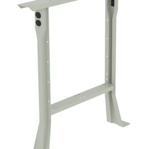 A metal table frame stands upright with a rectangular top support and two angled legs. The frame is light gray and has bolt holes for assembly. The sturdy base is designed for attaching a tabletop.