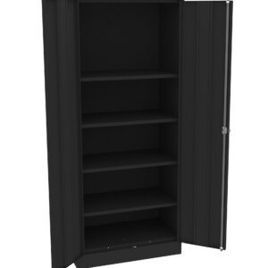 Black metal storage cabinet with four shelves and two open doors, positioned against a plain white background.