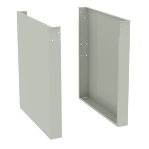 Two rectangular, light gray metal brackets stand upright, showing a simple design with several small circular holes. One bracket is facing forward, while the other is angled, revealing a recessed back.