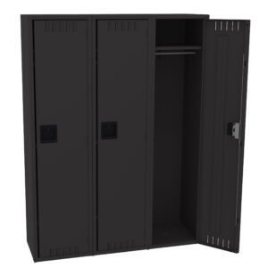 Three black metal lockers, two with closed doors and one open. The open locker reveals a rod for hanging clothes but is otherwise empty. The locker doors have ventilation slots and recessed handles.