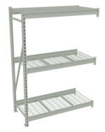 A light gray metal shelving unit with three wire shelves and a solid top shelf. The shelves are supported by vertical beams on the sides, suitable for storage or organization. The design is industrial and functional.