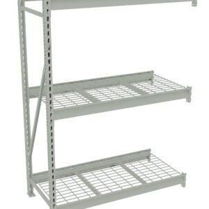 A light gray metal shelving unit with three wire shelves and a solid top shelf. The shelves are supported by vertical beams on the sides, suitable for storage or organization. The design is industrial and functional.