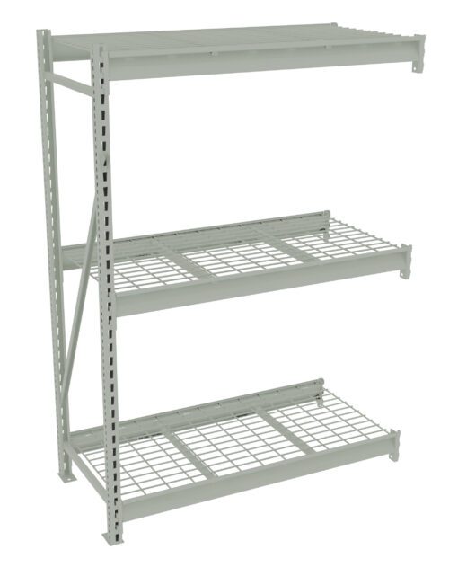A light gray metal shelving unit with three wire shelves and a solid top shelf. The shelves are supported by vertical beams on the sides, suitable for storage or organization. The design is industrial and functional.