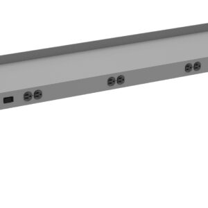 A long, rectangular metal power strip with multiple sockets and power switches, designed for under-desk mounting. It features brackets on each end for secure installation. The strip is gray and has a sleek, industrial design.