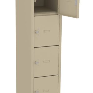 A beige metal locker with six compartments, featuring a single open door revealing an empty interior. The locker stands upright on four legs, displaying a simple and functional design.
