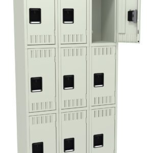 A beige metal locker unit with nine compartments arranged in a 3x3 grid. The top right door is open, showing an empty interior. Each door has a black rectangular handle and ventilation slots near the bottom.