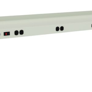 A long, light gray power strip with multiple black outlets, a red power switch, and mounting brackets on both ends. The design is robust and simplistic, suitable for mounting on a workbench or wall.