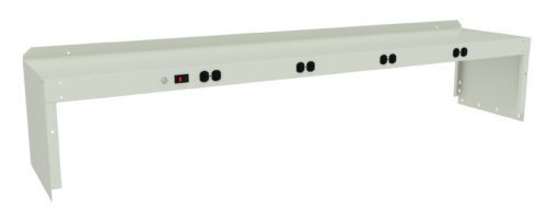 A long, light gray power strip with multiple black outlets, a red power switch, and mounting brackets on both ends. The design is robust and simplistic, suitable for mounting on a workbench or wall.