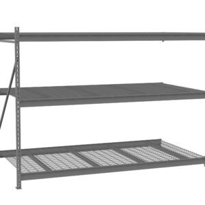 A metal industrial storage rack with three shelves, featuring a combination of mesh and solid surfaces. It is freestanding with an open framework design, suitable for heavy-duty storage in warehouses or garages.