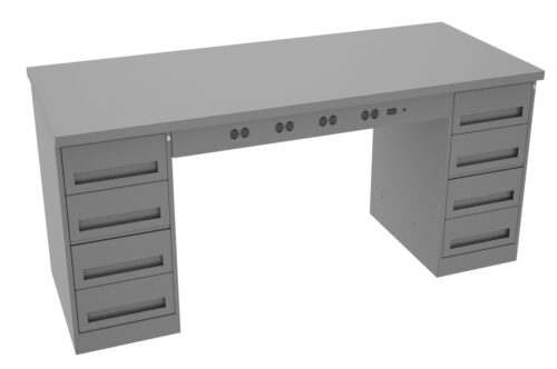 A large, gray office desk with a smooth top surface. It features two sets of drawers on each side, with four drawers per set, and multiple circular holes for cable management on the middle panel beneath the desk surface.