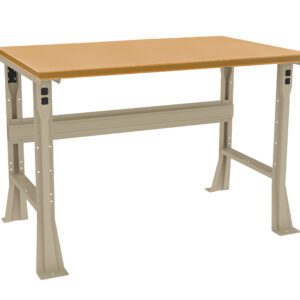A sturdy workbench with a wooden tabletop and metal legs. The frame is a light gray color, featuring multiple bolt holes, and connected by a horizontal support beam. The design is minimal and industrial.