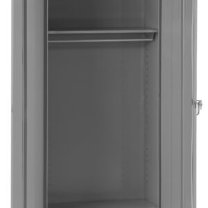 A tall, gray metal cabinet with open double doors. Inside, there is a single shelf near the top and a rail for hanging items. The cabinet is empty, and its surface is smooth and unadorned.