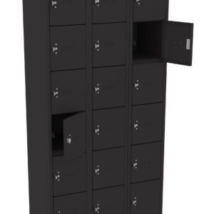 A black metal locker unit with three columns and five rows of square compartments. Some compartments have doors open, showing empty spaces inside. Each door has a handle and a keyhole.