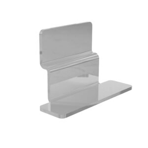 A stainless steel bracket with a flat base and a vertical section that forms a right angle. The back has a smooth, reflective surface with a small, horizontal ridge near the top. The design is simple and functional.