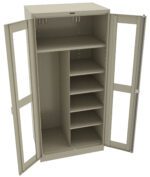 A beige metal storage cabinet with open double doors. The left side contains a tall, empty compartment, and the right side features five adjustable shelves.