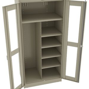 A beige metal storage cabinet with open double doors. The left side contains a tall, empty compartment, and the right side features five adjustable shelves.