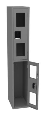 A tall, gray metal locker with two compartments. The upper compartment is closed, while the lower compartment is open, revealing a spacious interior. Both compartments have small windows and sturdy handles.