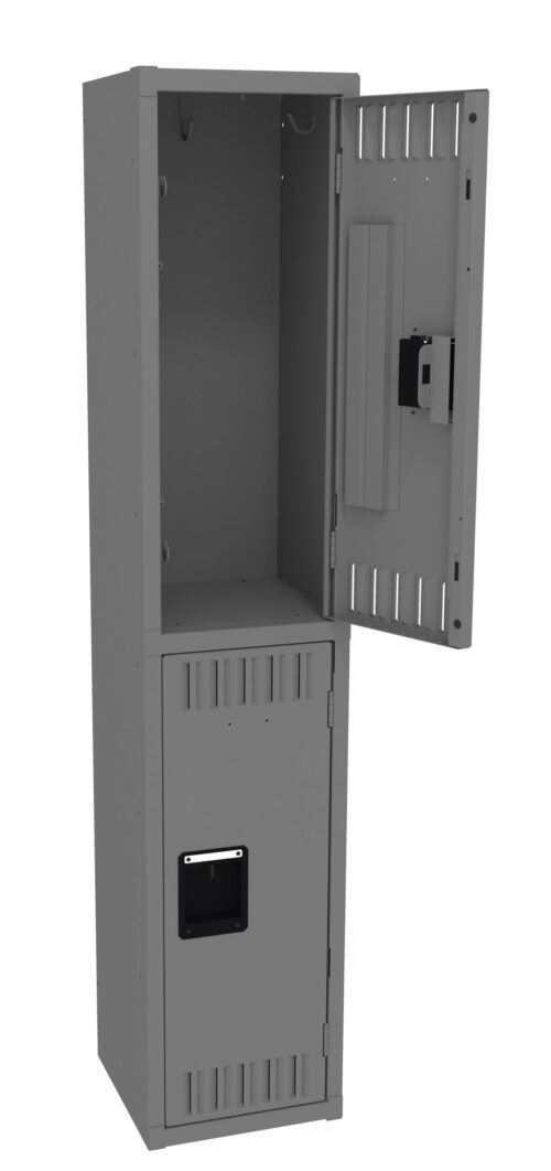 Gray metal locker with two compartments, one above the other. The upper compartment has its door open, revealing interior space, while the lower compartment has a closed door. Each door has a rectangular handle.
