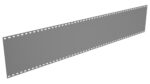 A long strip of gray film with perforated edges, depicted in perspective. The film strip appears blank without any visible images or markings.