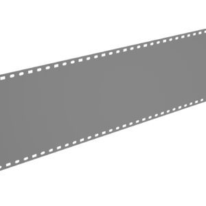 A long strip of gray film with perforated edges, depicted in perspective. The film strip appears blank without any visible images or markings.