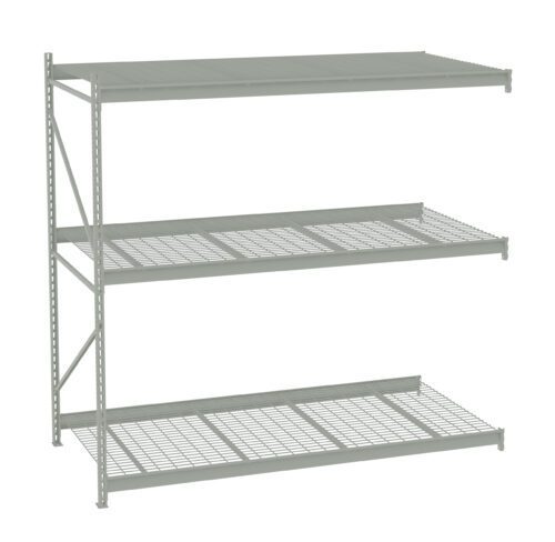 Metal shelving unit with four tiers, including three grated shelves and one solid top shelf. The structure has a light gray finish and is designed for industrial or garage storage. The unit has a minimalist and utilitarian design.