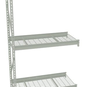 Metal shelving unit with three wire shelves, each supported by vertical metal brackets. The structure is open and sturdy, suitable for storage or organization purposes. The shelves are evenly spaced and the overall design is minimalist and functional.