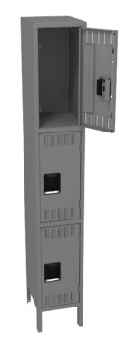 A tall, gray metal locker with three compartments stands against a plain background. The top compartment door is open, revealing an empty interior, while the two lower doors are closed. Each compartment has a small handle and ventilation slits.